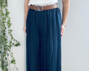 Made in Italy Silk Trousers. Floaty Relaxed Fit Wide Leg Trousers. Navy Colour. One Size.