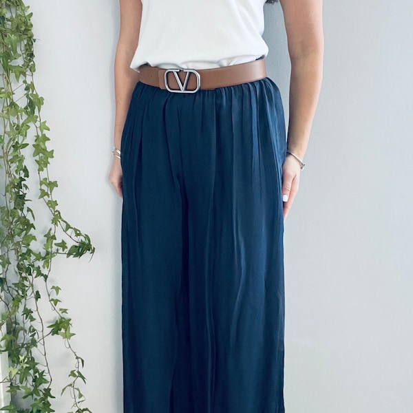 Made in Italy Silk Trousers. Floaty Relaxed Fit Wide Leg Trousers. Navy Colour. One Size.
