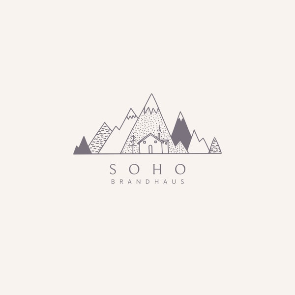 Logotipo de Mountain Cabin / Personalizado, Moderno, Minimalista, De Moda, Boho, Chic, Elegante, Desierto, Lodge, Chalet, Cottage, Al aire libre, Naturaleza