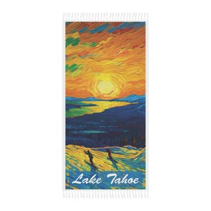 Lake Tahoe Beach Towel, Lake Tahoe Art Print Boho Beach Towel, Large 38&quot; x 81&quot; Polyester Towel, Lake Tahoe Gifts…