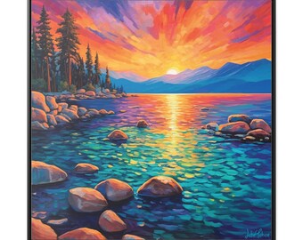 Influenced Inspiration Lake Tahoe", Lake Tahoe Sunset Landscape Art Print, Wood Framed Gallery Canvas Wraps In 7 Sizes, Art Design #0006.