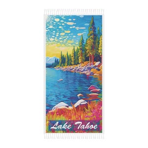 Lake Tahoe Beach Towel, Lake Tahoe Art Print Towel 38&quot; x 81&quot; Polyester Towel, Outdoor Essentials, Lake Tahoe Gifts