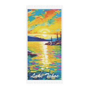 Lake Tahoe Beach Towel, Lake Tahoe Art Print Towel 38&quot; x 81&quot; Polyester Towel, Outdoor Essentials, Lake Tahoe Gifts