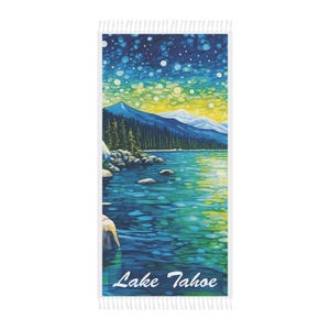 Lake Tahoe Beach Towel, Lake Tahoe Art Print Towel 38&quot; x 81&quot; Polyester Towel, Outdoor Essentials, Lake Tahoe Gifts