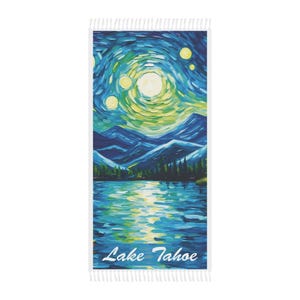 Lake Tahoe Art Print Beach Towel, Boho Style 38&quot; x 81&quot; Polyester Towel, Lake Tahoe Outdoor Adventure, Lake Tahoe Gifts…