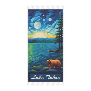 Lake Tahoe Beach Towel, Lake Tahoe Art Print Boho Beach Towel, Large 38&quot; x 81&quot; Polyester Towel, Lake Tahoe Gifts…