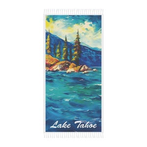 Lake Tahoe Beach Towel, Lake Tahoe Art Print Towel 38&quot; x 81&quot; Polyester Towel, Outdoor Essentials, Lake Tahoe Gifts