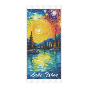 Lake Tahoe Art Print Beach Towel, Boho Style 38&quot; x 81&quot; Polyester Towel, Lake Tahoe Outdoor Adventure, Lake Tahoe Gifts…