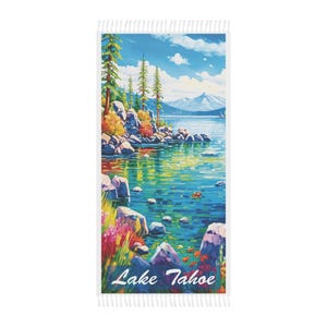 Lake Tahoe Beach Towel, Lake Tahoe Art Print Towel 38&quot; x 81&quot; Polyester Towel, Outdoor Essentials, Lake Tahoe Gifts