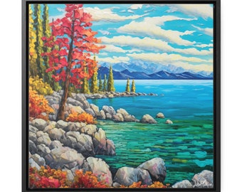 Loving Fall In Lake Tahoe", Lake Tahoe Fall Landscape Art Print, Wall Decor, Wood Framed Gallery Canvas Wraps 7 Sizes, Art Design #000117
