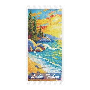 Lake Tahoe Art Print Beach Towel, Boho Style 38&quot; x 81&quot; Polyester Towel, Lake Tahoe Outdoor Adventure, Lake Tahoe Gifts…