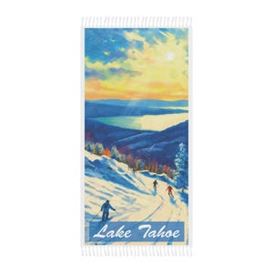 Lake Tahoe Beach Towel, Lake Tahoe Art Print Boho Beach Towel, Large 38&quot; x 81&quot; Polyester Towel, Lake Tahoe Gifts…