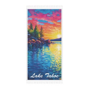 Lake Tahoe Art Print Beach Towel, Boho Style 38&quot; x 81&quot; Polyester Towel, Lake Tahoe Outdoor Adventure, Lake Tahoe Gifts…