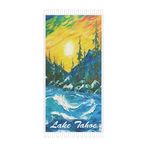 Tahoe Boho Beach Towel, Lake Tahoe Art Print Towel, 38&quot; x 81&quot; Polyester Towel, Outdoor Adventure Gift, Lake Tahoe Gifts…