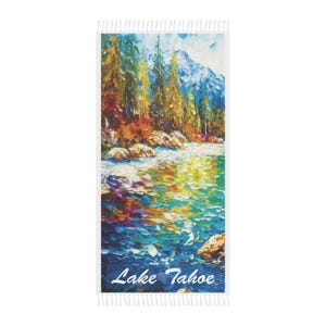 Tahoe Boho Beach Towel, Lake Tahoe Art Print Towel, 38&quot; x 81&quot; Polyester Towel, Outdoor Adventure Gift, Lake Tahoe Gifts…