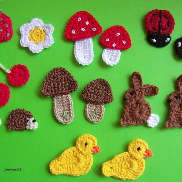 Set patch crocheté 15 pièces, coton, décoration fait main hérisson champignons poussin fraise lapin coccinelle