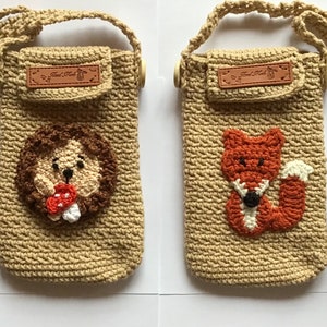 Crocheted mobile phone case fox or hedgehog, hand crocheted