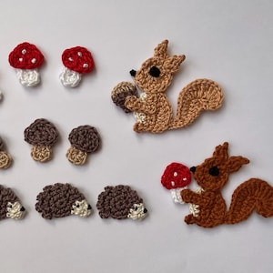 Peut inclure: Appliques en crochet d'animaux de la forêt, comprenant des écureuils, des hérissons et des champignons. Les appliques sont réalisées en fil brun, blanc et rouge.