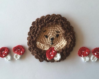 Crochet applique cute hedgehog with fly agaric, crocheted by hand