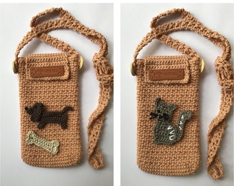 Funda para teléfono móvil perro salchicha o gatito de ganchillo, bolso bandolera para iPhone