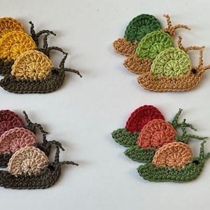 3 colorful snails, set of crocheted patches, crochet application, large selection of colors, color requests possible image 1