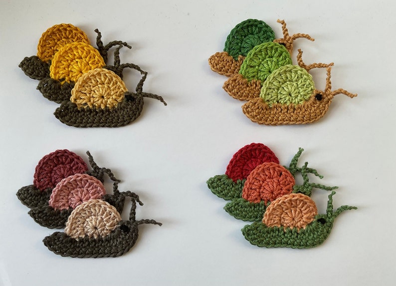 3 caracoles de colores, juego de parches tejidos a crochet, aplicación de crochet, gran selección de colores, posibilidad de solicitar colores imagen 1