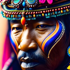 May include: Close-up portrait of a person with intricate blue, orange, and yellow face paint. They are wearing a colorful beaded headdress with a red and orange pendant.