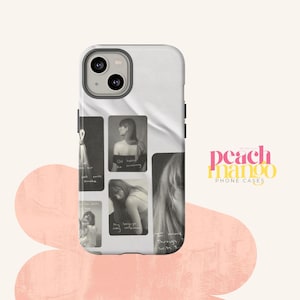 May include: A white iPhone case with a collage of black and white photos of a woman. The photos have handwritten text on them, including "Old habits die swimming" and "I move through with it". The case has a peach mango logo on the back.
