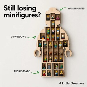 May include: A light-colored wooden wall-mounted display shelf shaped like a toy figure with 34 individual square windows for storing small plastic figures. The text reads Still losing minifigures?, 34 WINDOWS, AUSSIE-MADE, and 4 Little Dreamers.