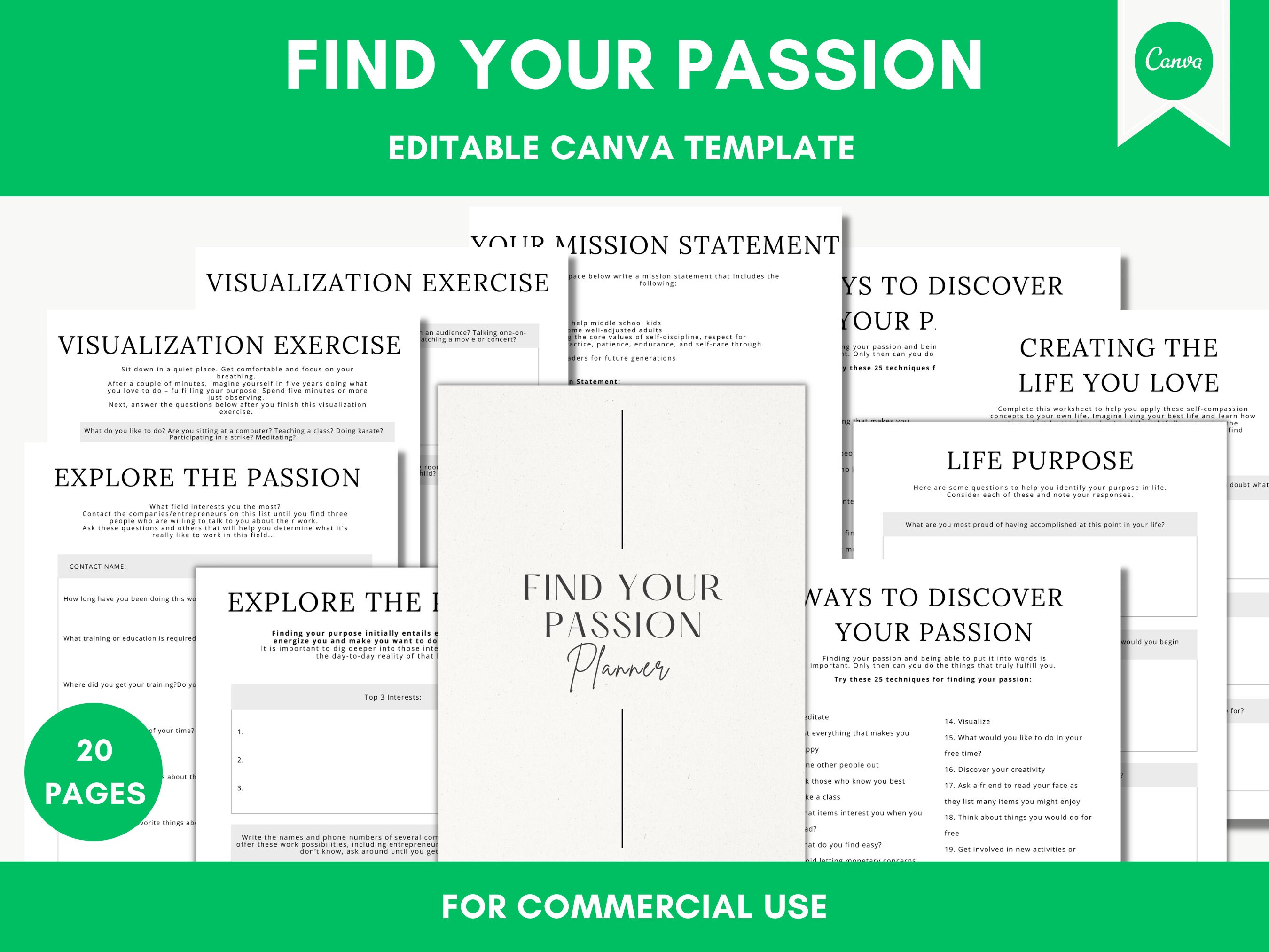 Editable Find Your Passion Journal in Canva Canva Template Pack Passion 