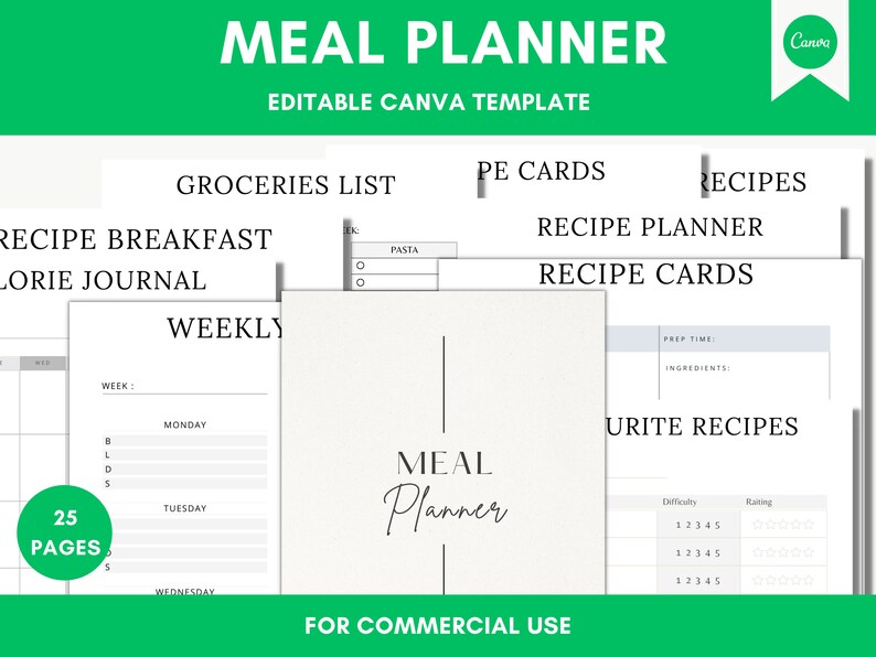 Editable Meal Planner in Canva | Canva Template Pack | Recipe Templates ...