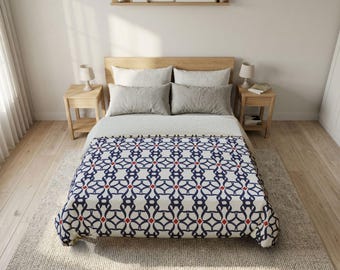 Funda nórdica de algodón con estampado geométrico azul y rojo, ropa de cama lisa neutra, edredón de algodón transpirable, decoración del hogar, regalo de inauguración de casa