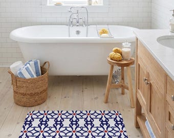 Navy Geometrische Fliesenmuster Badematte, Badezimmer Teppich, rutschfester Badteppich, modernes Badezimmer Dekor, weiche Badematte, Badezimmer Bodenmatte, Muttertag