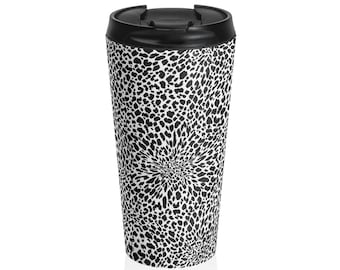 Zwart-witte luipaardprint 15 oz roestvrijstalen beker, geïsoleerde reismok, koffiekop met deksel, herbruikbare drinkgerei, cadeau voor haar