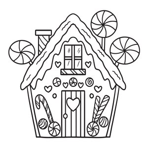 Könnte beinhalten: Eine Schwarzweiß-Zeichnung eines Lebkuchenhauses mit Zuckerstangen-Akzenten und Lollipop-Dekorationen.