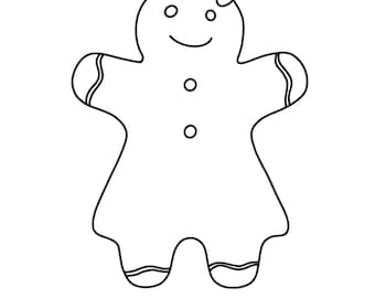 May include: A black and white line drawing of a gingerbread person with a bow on its head. The gingerbread person has a smiling face, three buttons, and decorative lines on its arms and feet.
