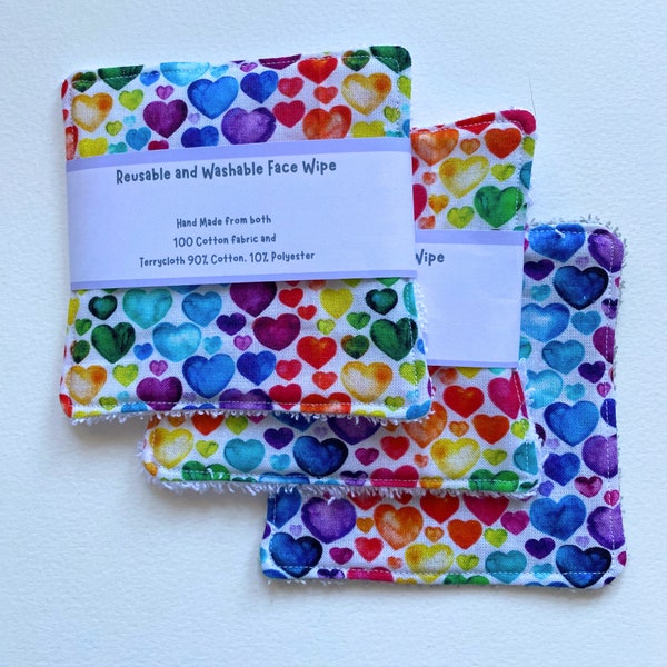 Cotton Face Wipe Make up Remover Pad Face Pads Washable Multicoloured heart wipe Reusable Face Wipe Hearts Patterned Fabric Face Cloth