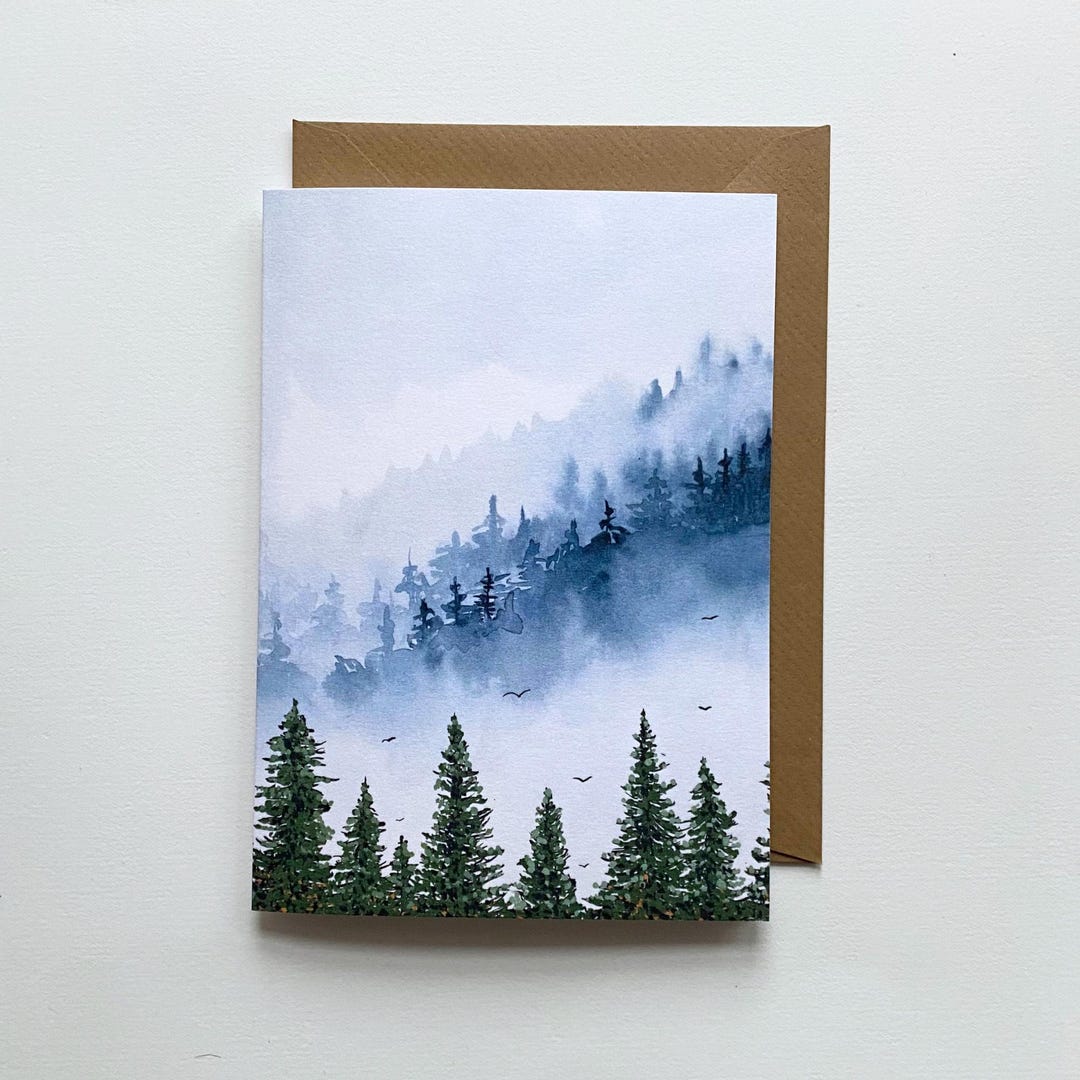 Watercolor Forest Landscape Card: Misty Pine Tree Art - Etsy