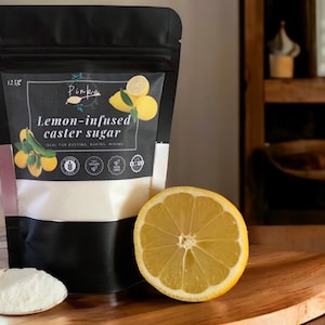 Organic Lemon flavored, infused caster sugar, tea, coffee, baking,dusting, sprinkle,  tea party,  gift