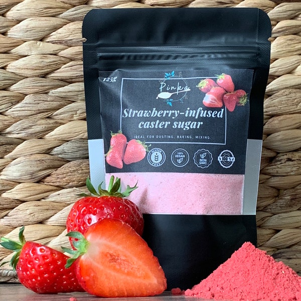 Freeze dried Strawberry infused caster sugar, tea,coffee, cocktails, tea party, baking, dusting, glass rim, gift, present, Gourmet, Wedding