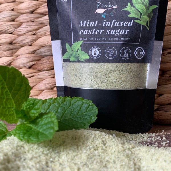 Fresh mint flavoured Infused Caster Sugar,tea,coffee, cocktails, tea party, baking, dusting, glass rim, gift, present, Gourmet, Wedding