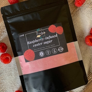 Freeze dried Raspberry infused caster sugar, tea,coffee, cocktails, tea party, baking, dusting, glass rim, gift, present, Gourmet, Wedding