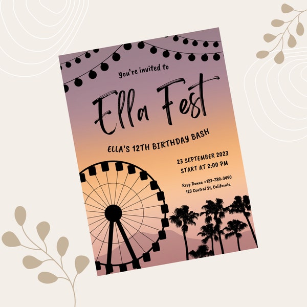 Editable Festival Birthday Invitation, Boho, Hippie, Music Party, Sunset, Mountains, Ferris Wheel, Edit at Home, Teen, Festival Invite