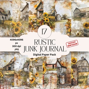 Set di carta digitale Rustic Farm, carta per diario spazzatura, carta vintage Barn, carta per scrapbooking digitale, grafica digitale, carta per scrapbooking con girasoli