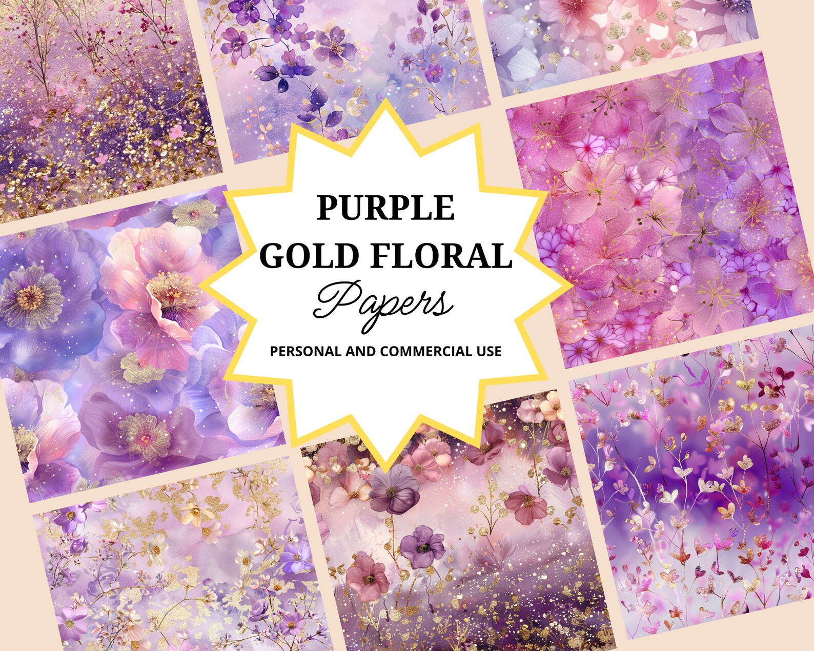 Seamless Purple Gold Floral Digital Paper Set Spring Flowers Junk ...