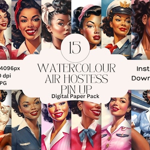 Air Hostess Pin Up Black Girls Digital Paper Set Junk Journal Paper Retro Aviation Printable Pin Up Graphic Digital Scrapbooking 1950s Women