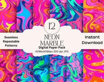 Neon Marble Swirl Digital Paper Set Junk Journal Paper Printable Digital Papers Scrapbooking Pack Seamless Pattern Repeatable Hot Pink