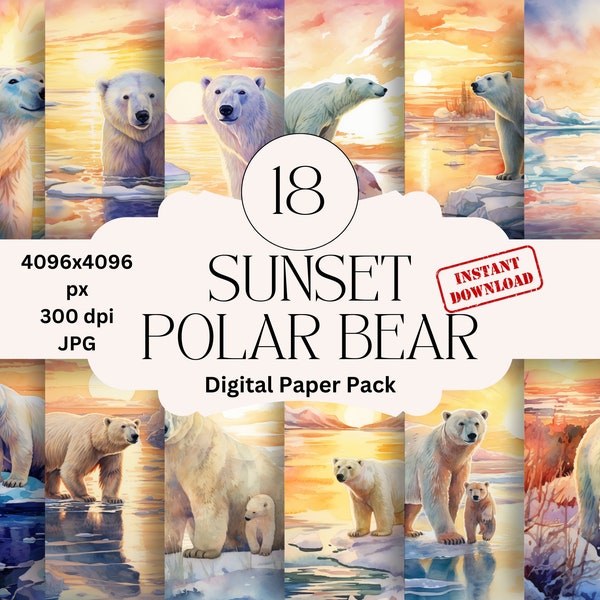 Polar Bear Digital Paper Set Junk Journal Paper Artic Printable Page Graphic Digital Scrapbook Snow Sunset Paper Background Antartica Sunset