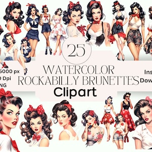 Rockabilly Brunette Pin Up Clipart Graphics Bundle PNG Download Scrapbooking Pin Up Junk Journal Clipart Retro Scrapbook Rockabilly Clip Art