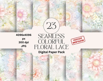 Vintage Floral Lace Digital Paper Set colorful Floral Junk Journal Paper Printable Antique Lace Digital Scrapbooking White Lace Paper Pack